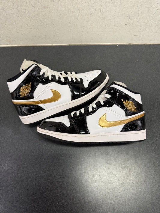 Jordan 1 Mid Patent Black White Gold